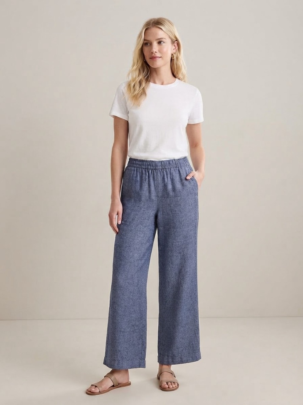 Old Navy Blue Wide-Leg High Rise Pull-On Pants Linen Blend Size Medium